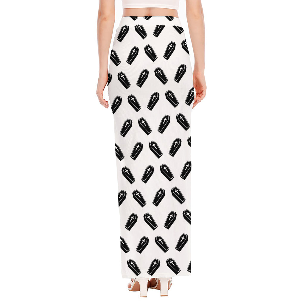 Black And White Coffin Pattern Print High Slit Maxi Skirt