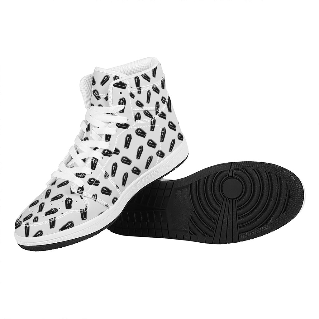 Black And White Coffin Pattern Print High Top Leather Sneakers