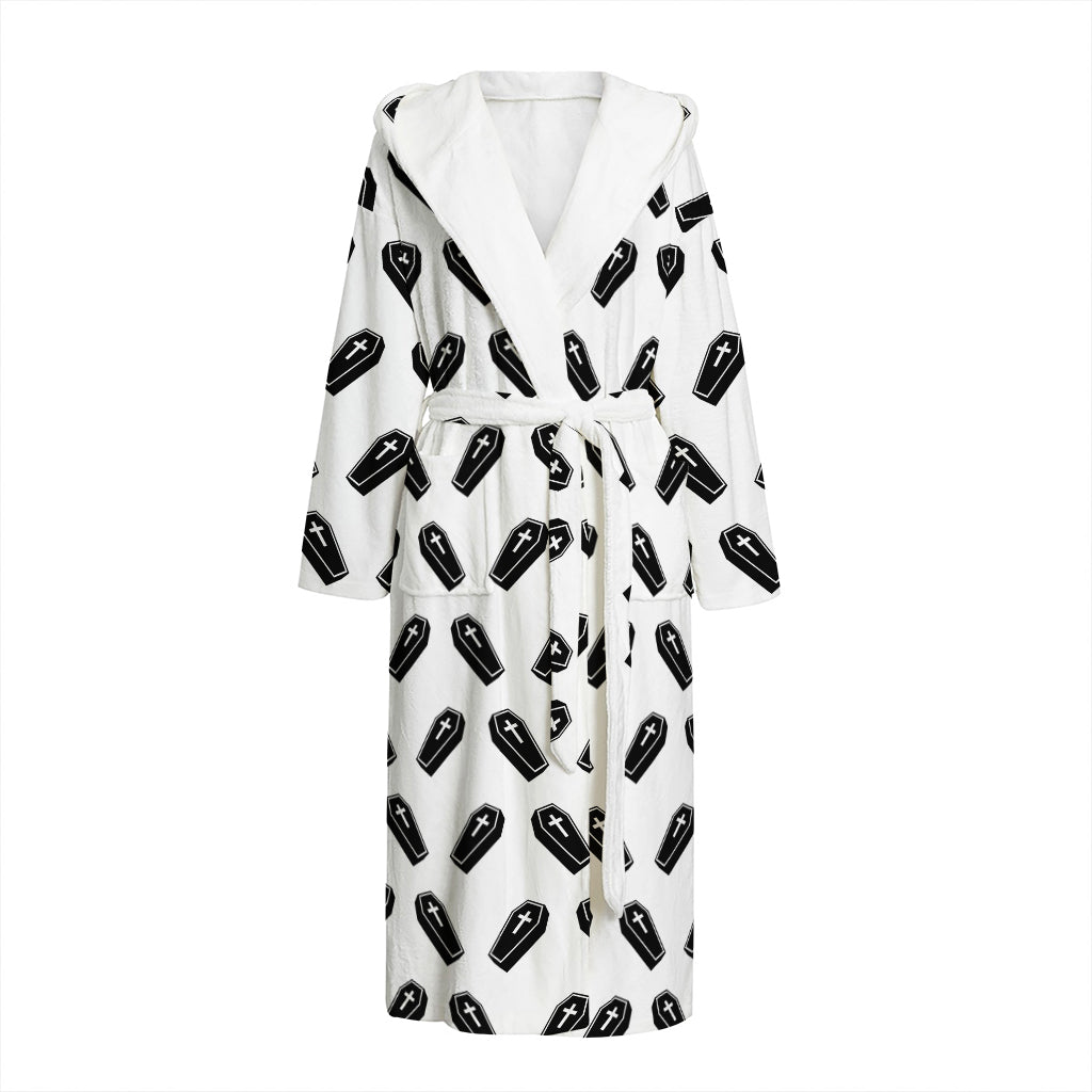 Black And White Coffin Pattern Print Hooded Bathrobe