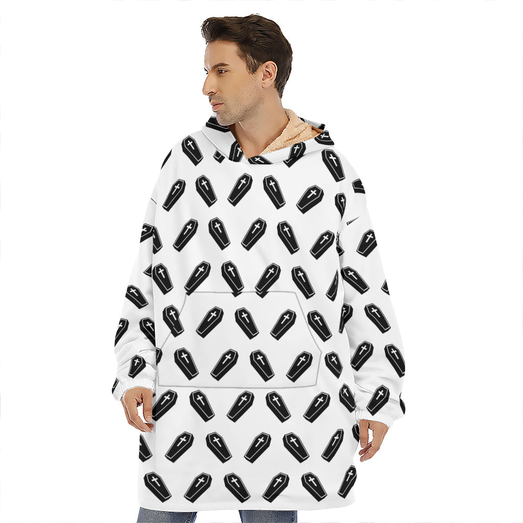 Black And White Coffin Pattern Print Hoodie Blanket