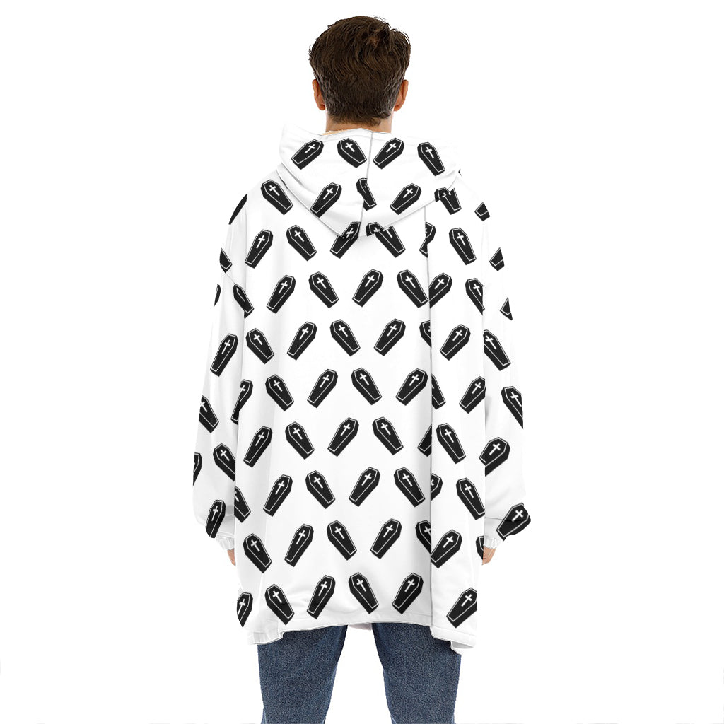 Black And White Coffin Pattern Print Hoodie Blanket