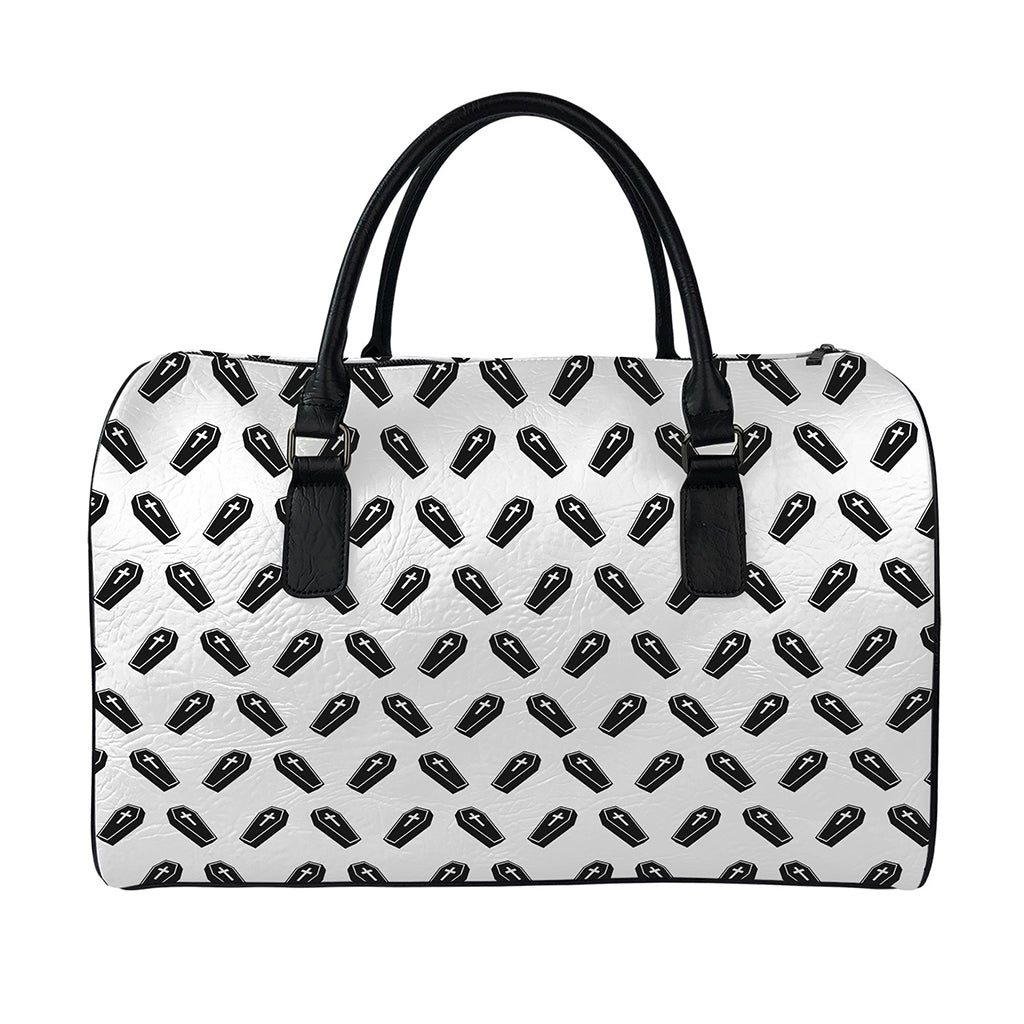 Black And White Coffin Pattern Print Leather Duffle Bag