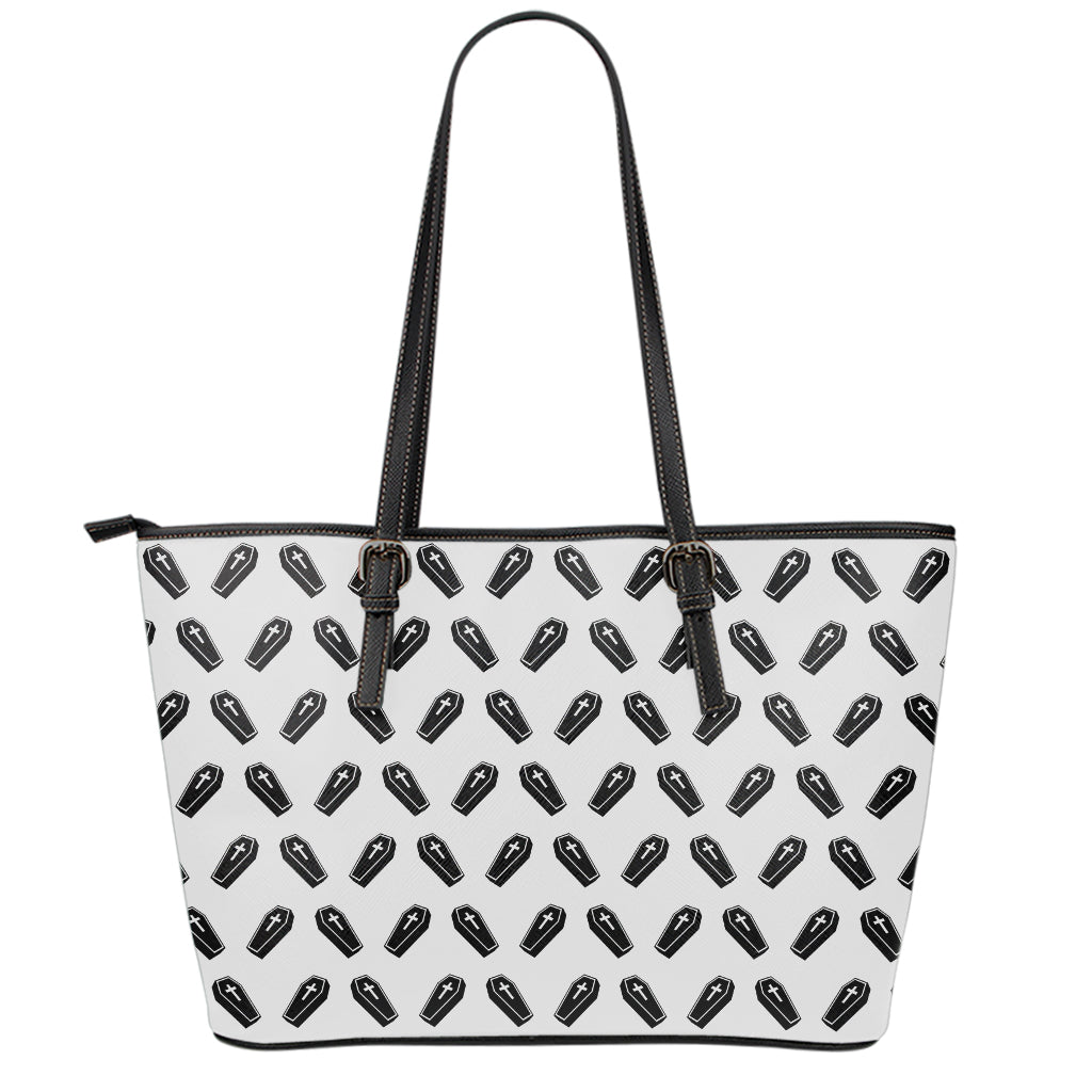 Black And White Coffin Pattern Print Leather Tote Bag