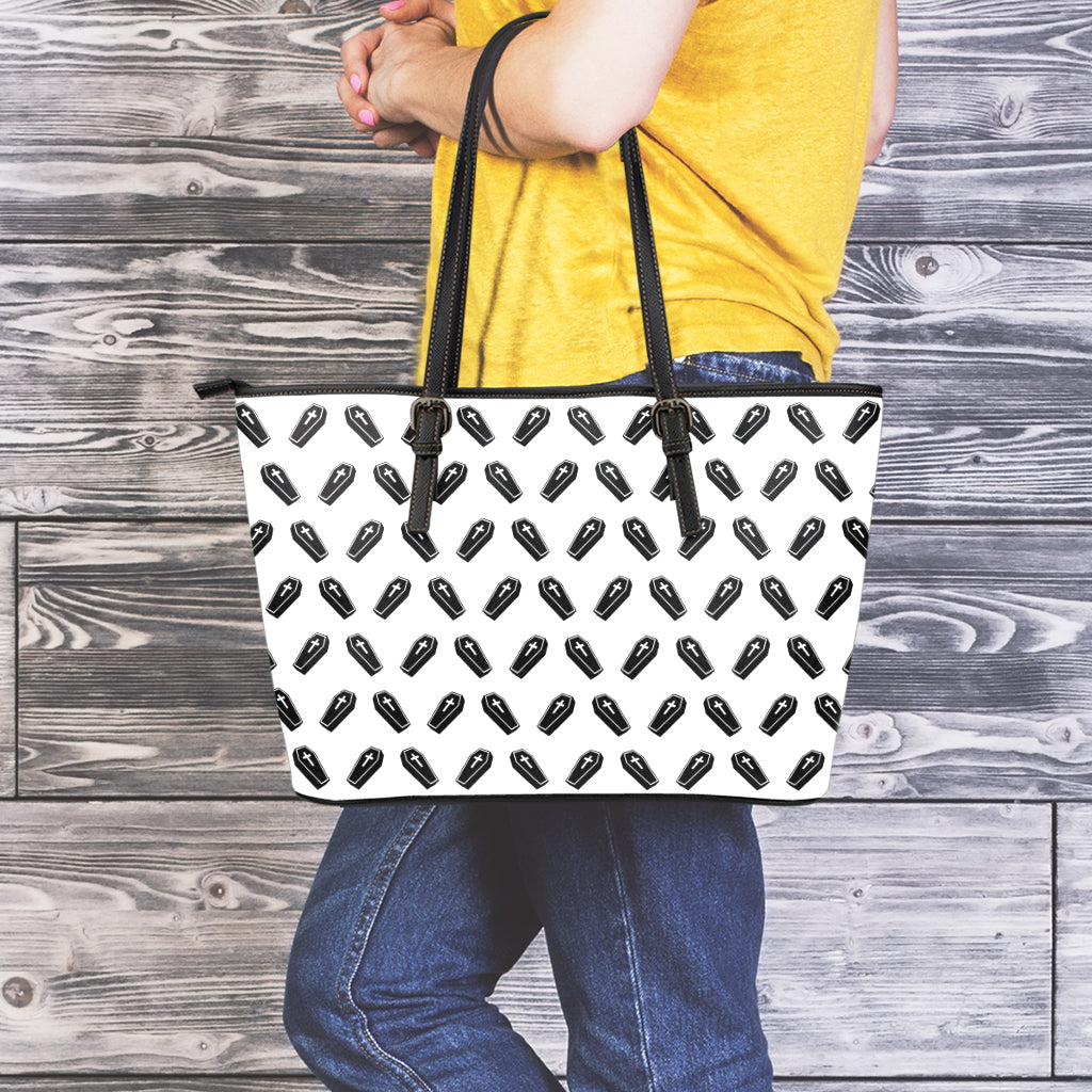 Black And White Coffin Pattern Print Leather Tote Bag