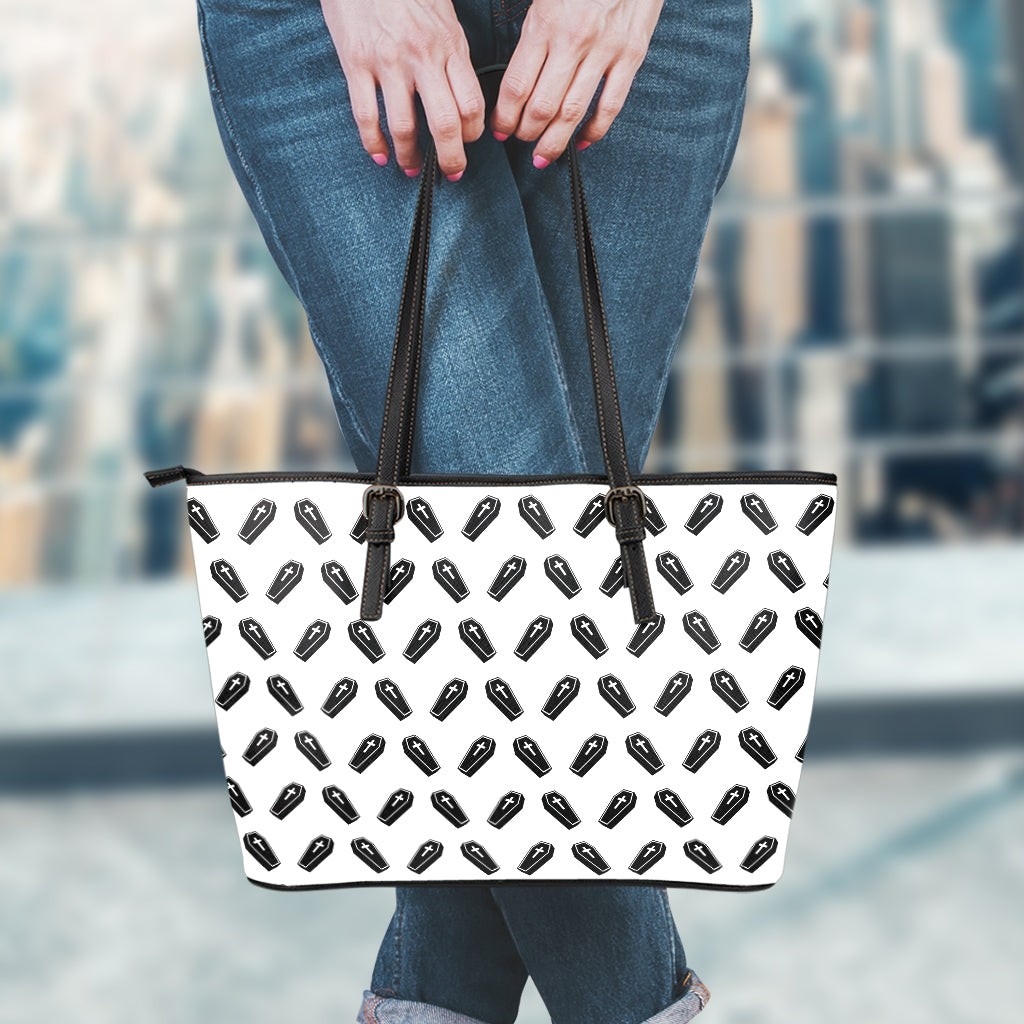 Black And White Coffin Pattern Print Leather Tote Bag