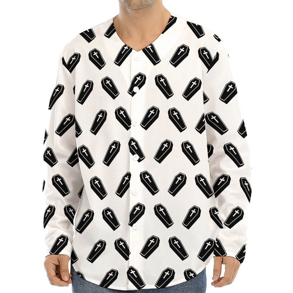 Black And White Coffin Pattern Print Long Sleeve Baseball Jersey