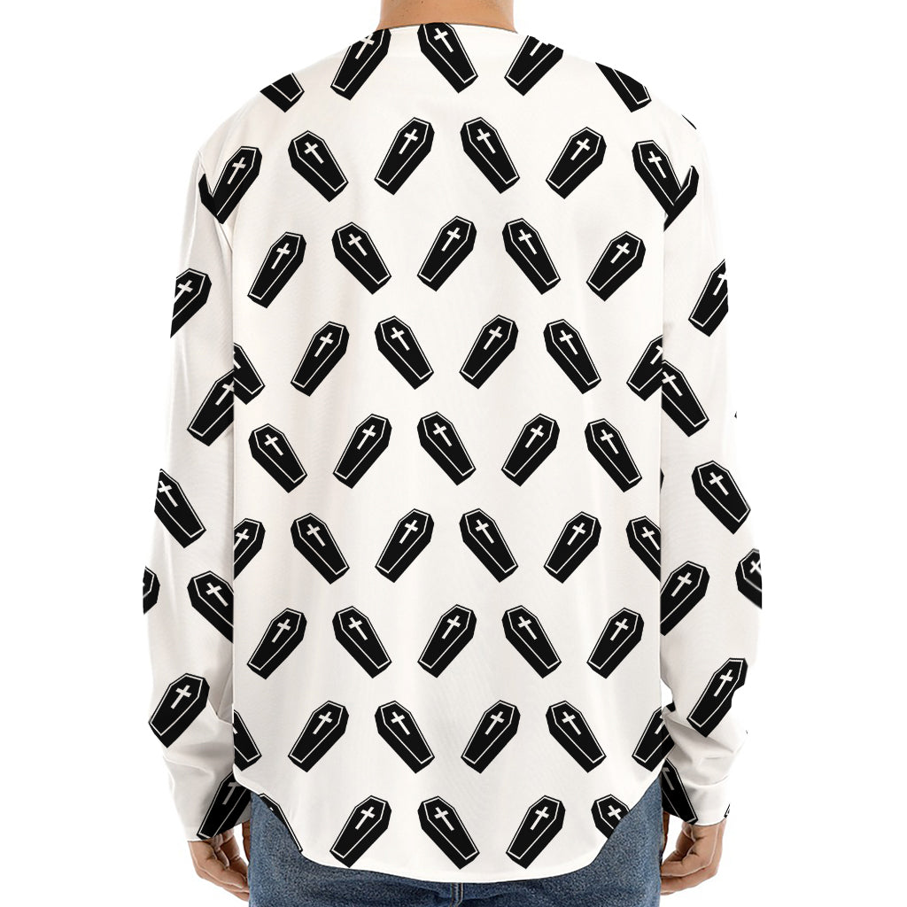 Black And White Coffin Pattern Print Long Sleeve Baseball Jersey