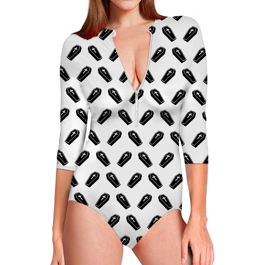 Black And White Coffin Pattern Print Long Sleeve Swimsuit