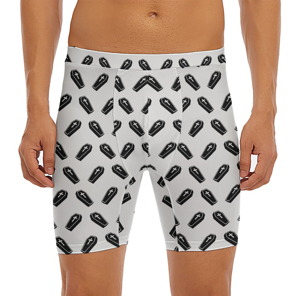 Black And White Coffin Pattern Print Men's Long Boxer Briefs