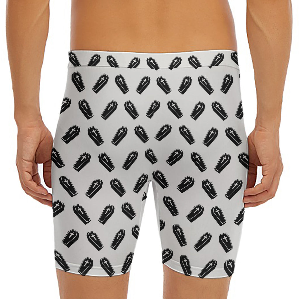 Black And White Coffin Pattern Print Men's Long Boxer Briefs