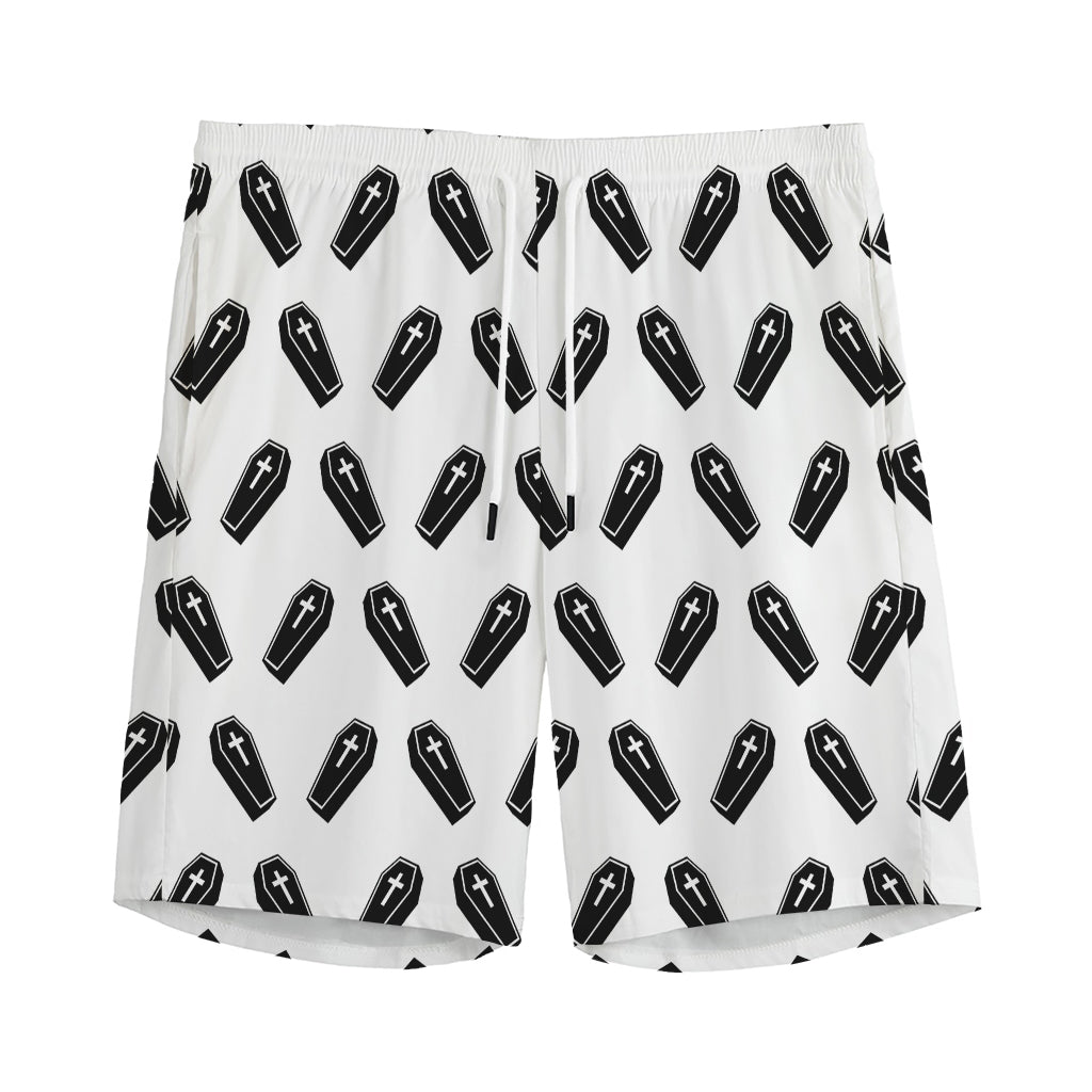 Black And White Coffin Pattern Print Men's Sports Shorts