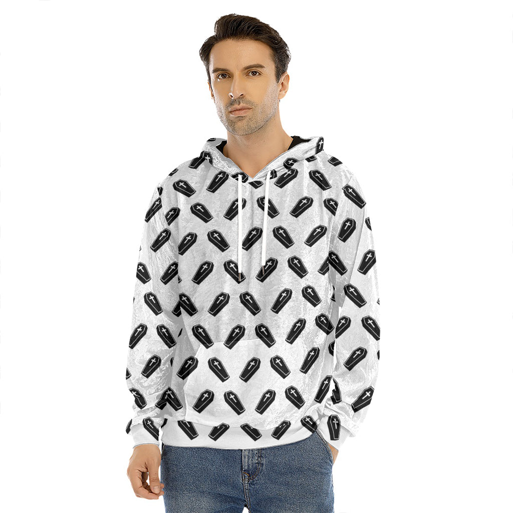 Black And White Coffin Pattern Print Men's Velvet Pullover Hoodie