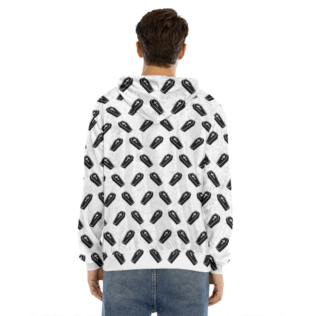 Black And White Coffin Pattern Print Men's Velvet Pullover Hoodie