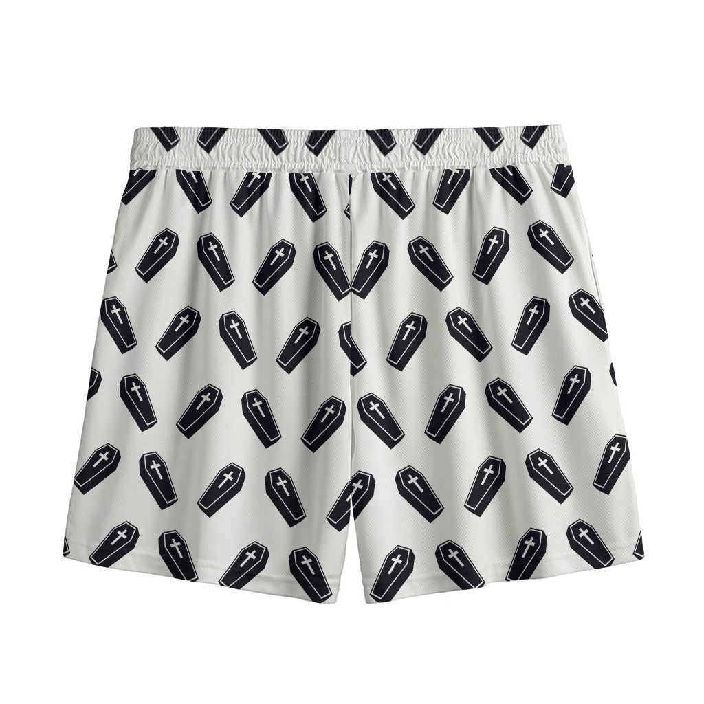 Black And White Coffin Pattern Print Mesh Shorts