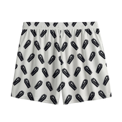 Black And White Coffin Pattern Print Mesh Shorts