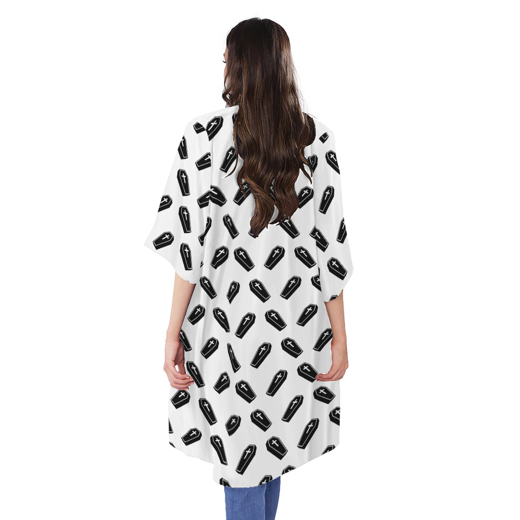 Black And White Coffin Pattern Print Open Front Beach Cover Up