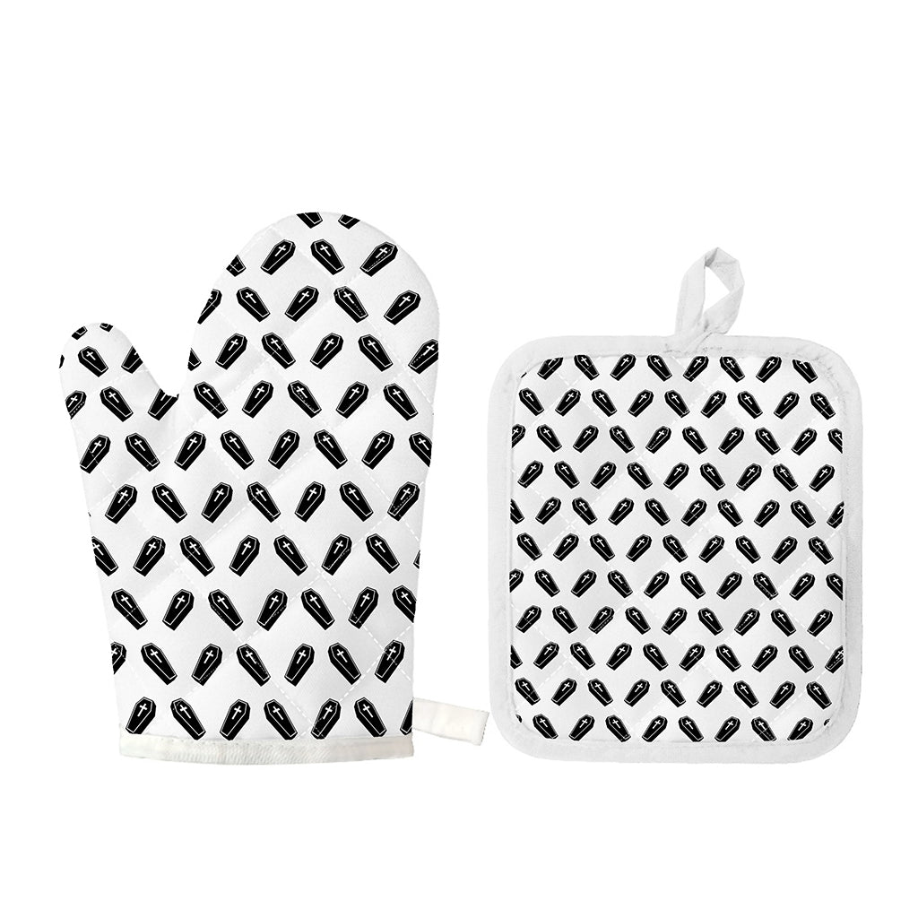 Black And White Coffin Pattern Print Oven Mitt And Pot Holder Set