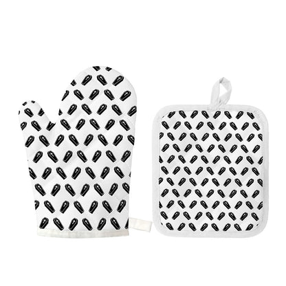 Black And White Coffin Pattern Print Oven Mitt And Pot Holder Set