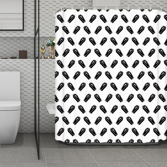 Black And White Coffin Pattern Print Polyester Shower Curtain