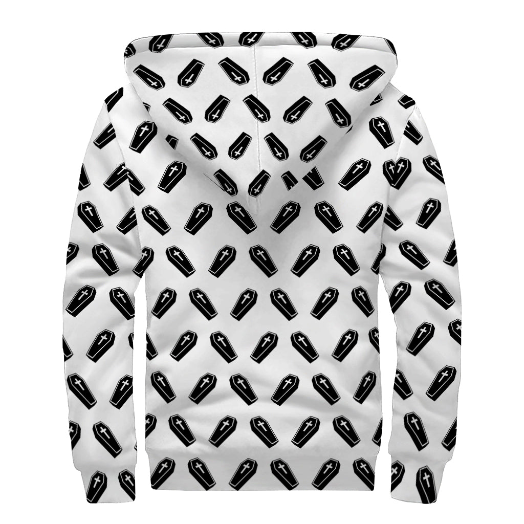 Black And White Coffin Pattern Print Sherpa Lined Zip Up Hoodie