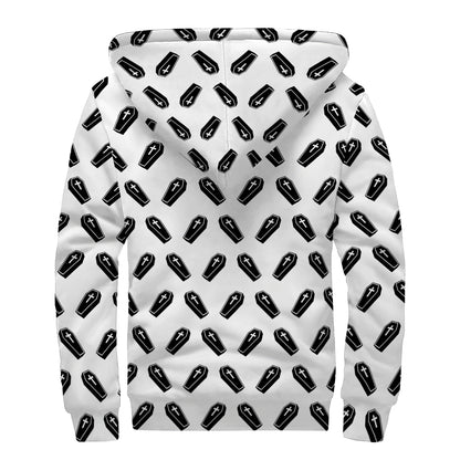 Black And White Coffin Pattern Print Sherpa Lined Zip Up Hoodie