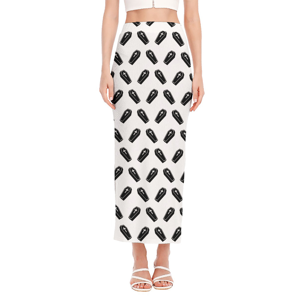 Black And White Coffin Pattern Print Side Slit Maxi Skirt