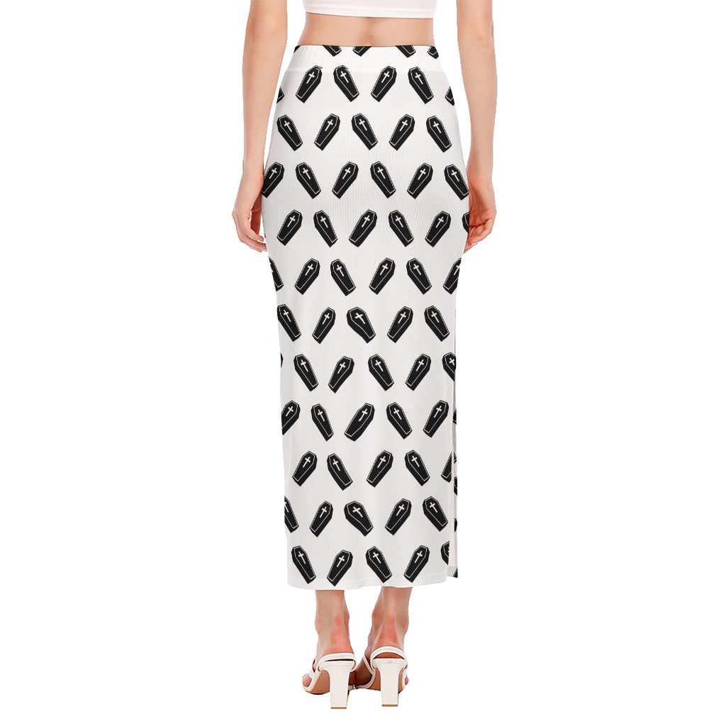 Black And White Coffin Pattern Print Side Slit Maxi Skirt