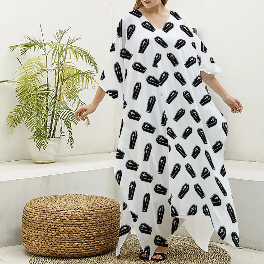 Black And White Coffin Pattern Print Silk V-Neck Kaftan Dress