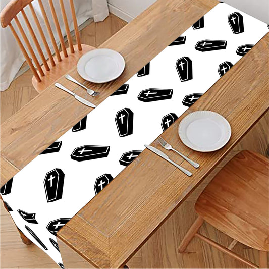 Black And White Coffin Pattern Print Table Runner