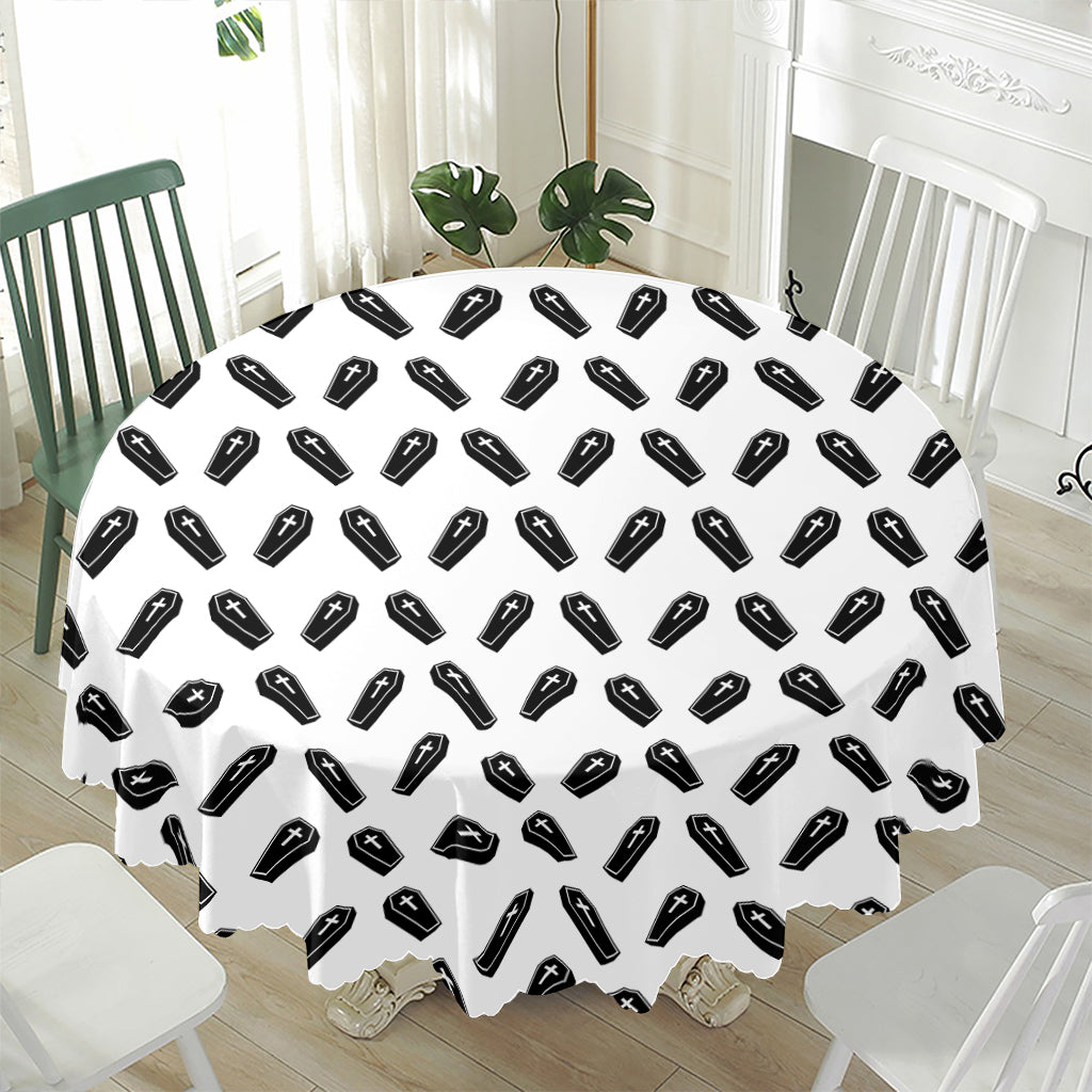 Black And White Coffin Pattern Print Waterproof Round Tablecloth