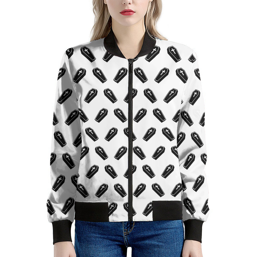 Black And White Coffin Pattern Print Women's Bomber Jacket