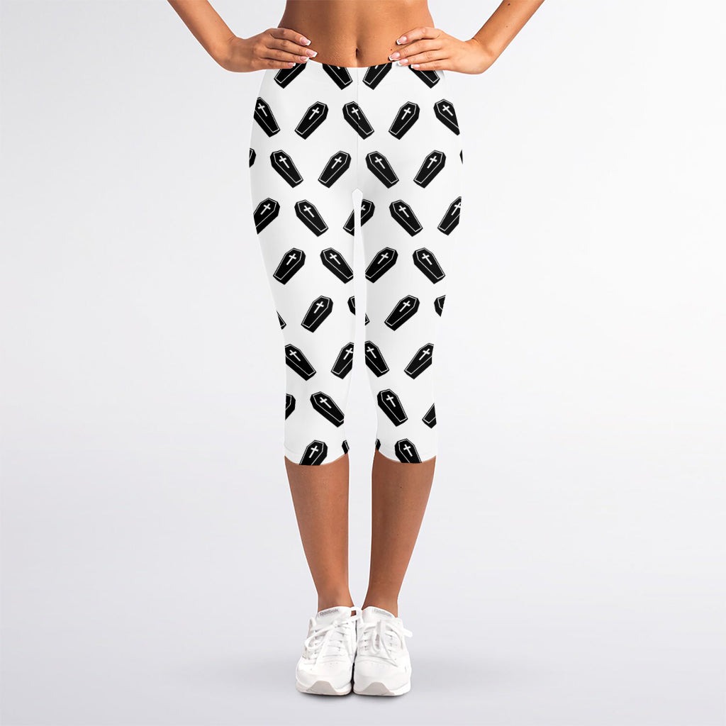 Black And White Coffin Pattern Print Women's Capri Leggings