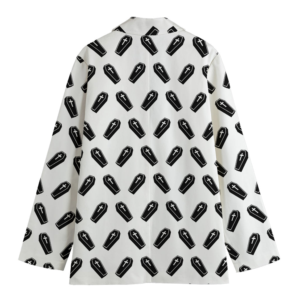 Black And White Coffin Pattern Print Women's Cotton Blazer