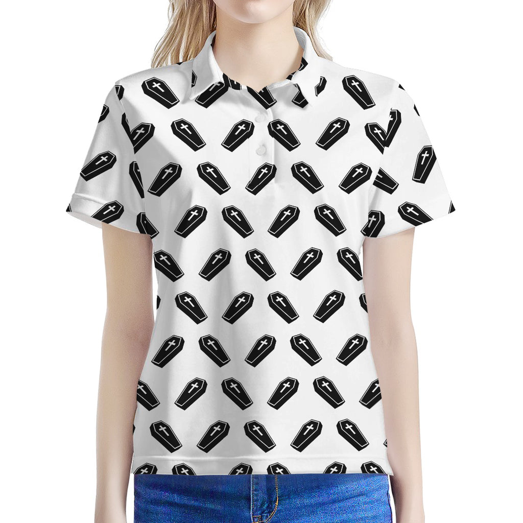 Black And White Coffin Pattern Print Women's Polo Shirt