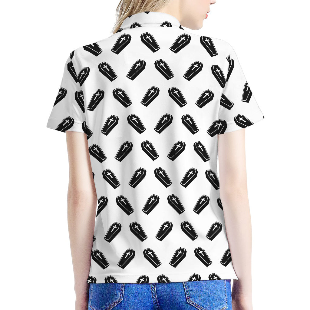 Black And White Coffin Pattern Print Women's Polo Shirt