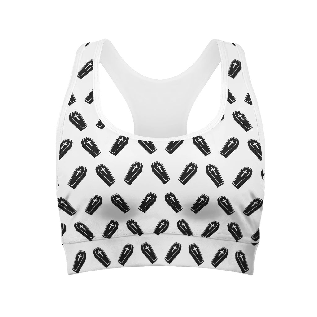 Black And White Coffin Pattern Print Women's Sports Bra