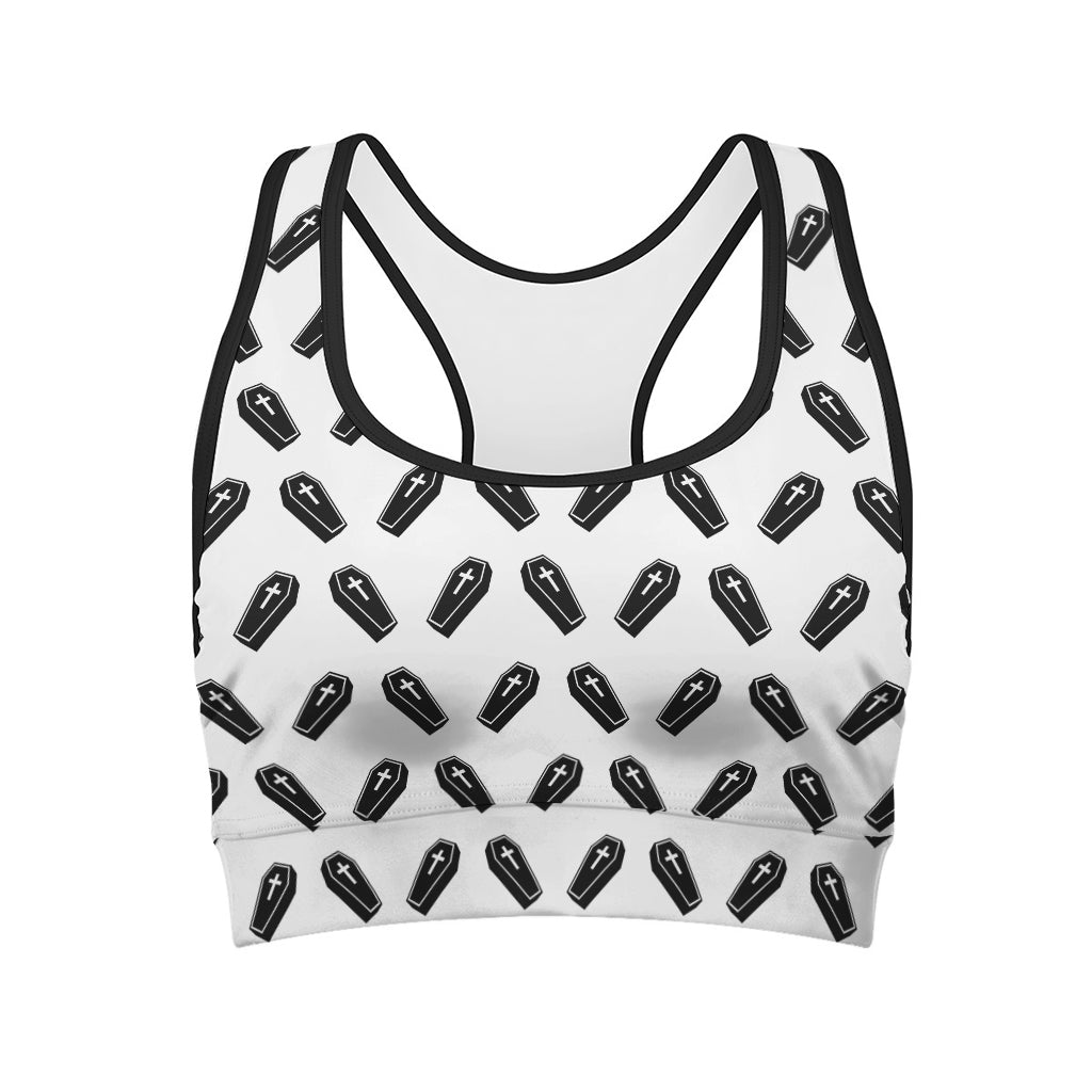 Black And White Coffin Pattern Print Women's Sports Bra