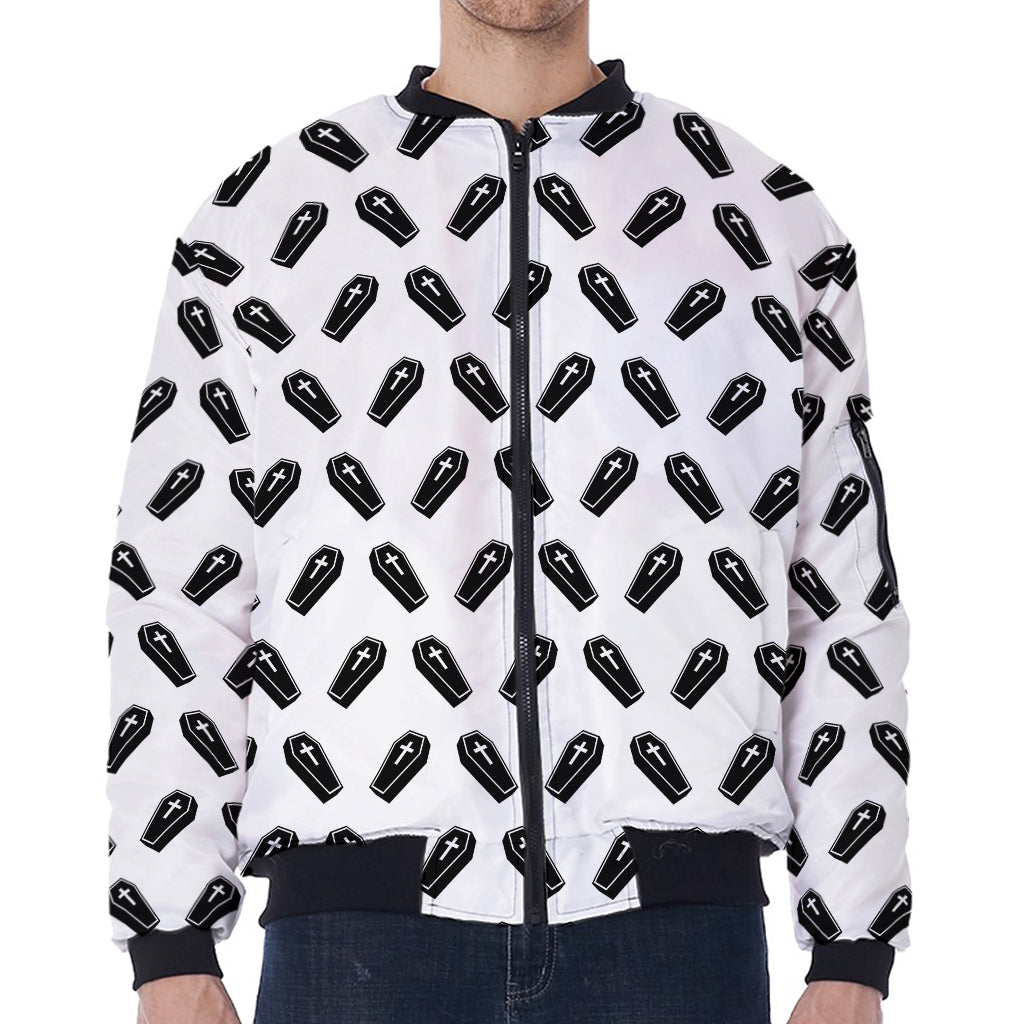 Black And White Coffin Pattern Print Zip Sleeve Bomber Jacket