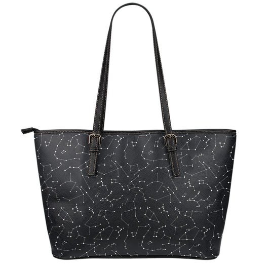 Black And White Constellation Print Leather Tote Bag