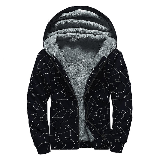 Black And White Constellation Print Sherpa Lined Zip Up Hoodie