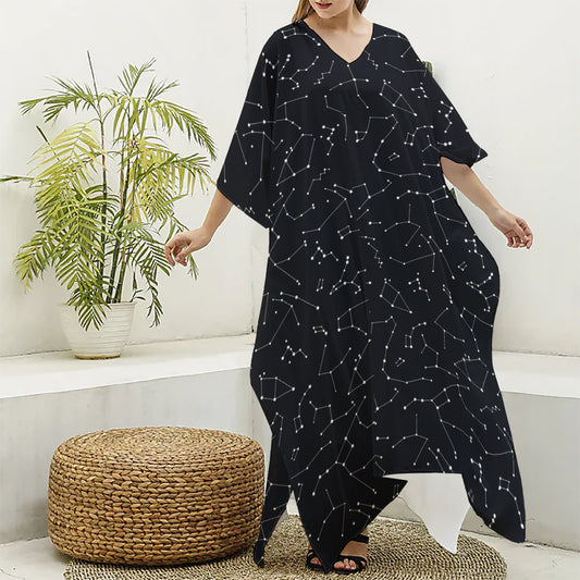 Black And White Constellation Print Silk V-Neck Kaftan Dress