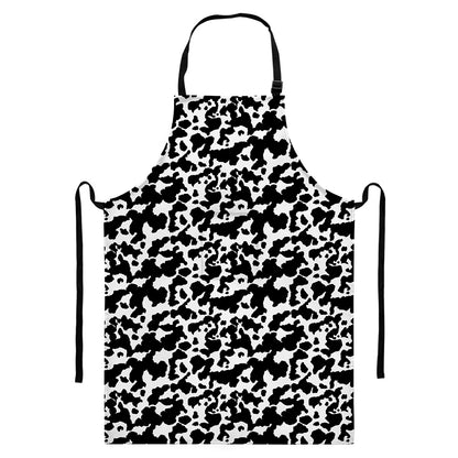 Black And White Cow Pattern Print Bib Apron With Pocket