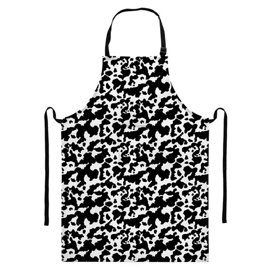 Black And White Cow Pattern Print Bib Apron With Pocket