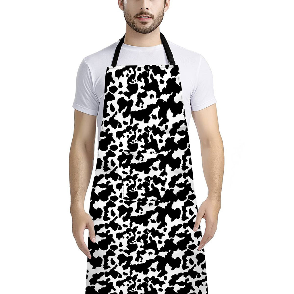 Black And White Cow Pattern Print Bib Apron With Pocket