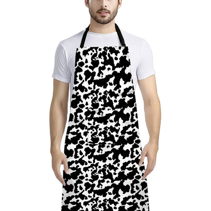 Black And White Cow Pattern Print Bib Apron With Pocket