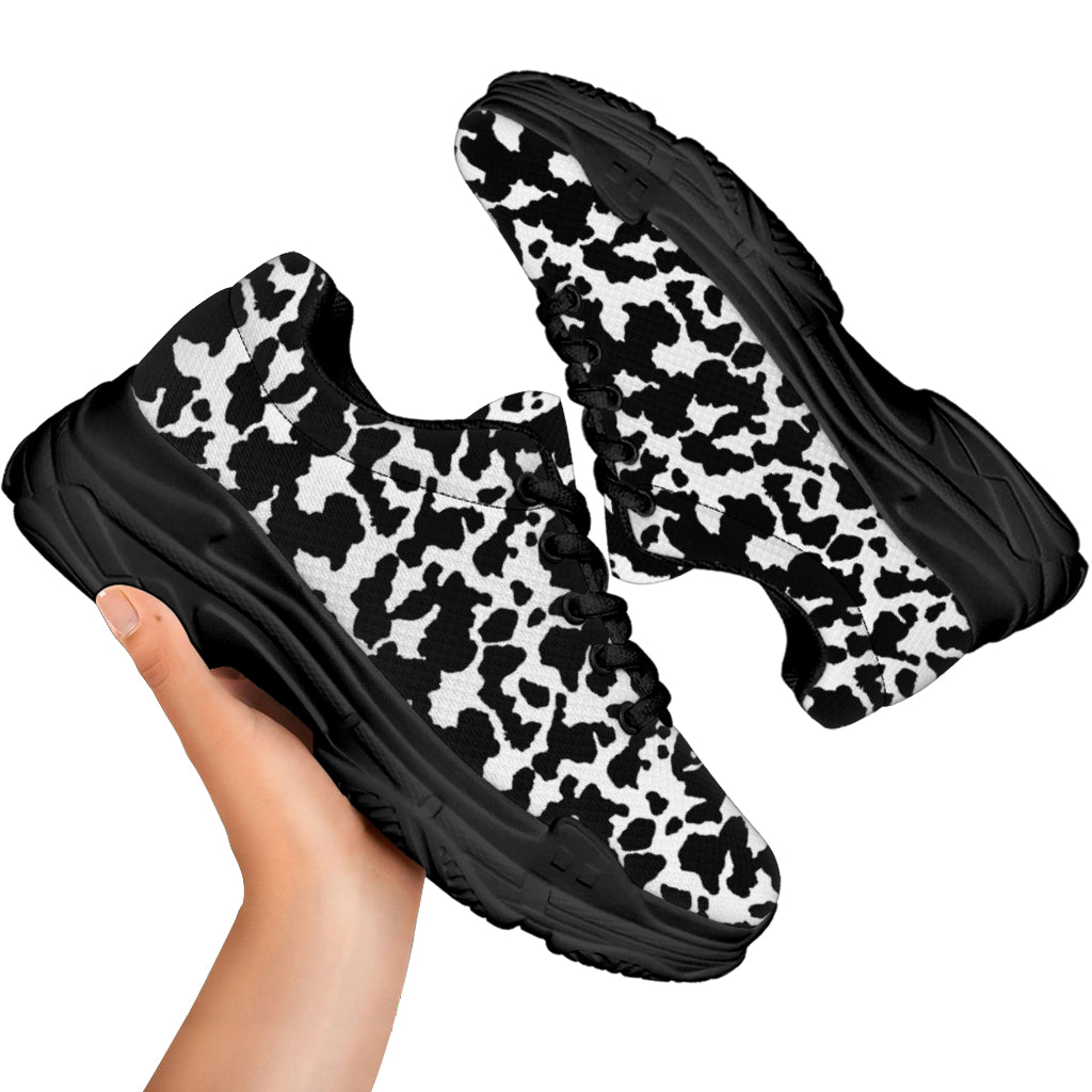 Black And White Cow Pattern Print Black Chunky Shoes