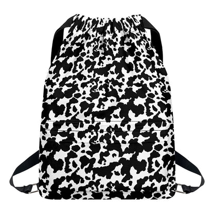 Black And White Cow Pattern Print Drawstring Backpack