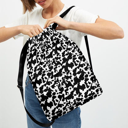 Black And White Cow Pattern Print Drawstring Backpack