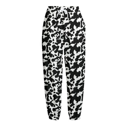 Black And White Cow Pattern Print Fleece Lined Knit Pants