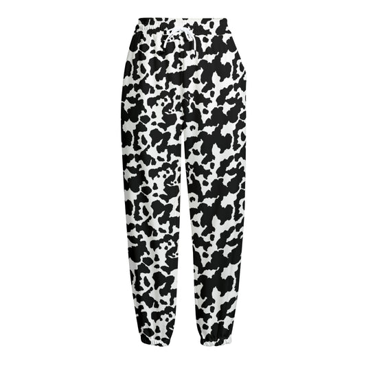 Black And White Cow Pattern Print Fleece Lined Knit Pants